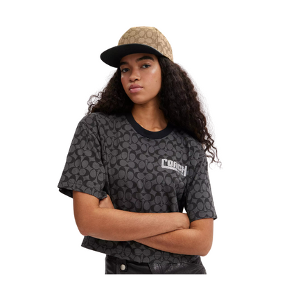 Coach Unisex Signature Jacquard Flat Brim Hat Khaki/Black