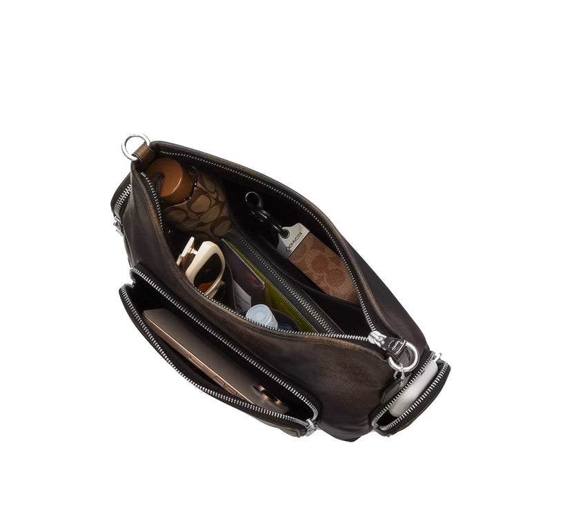 Coach Women's Laurel Shoulder Bag With Pockets In Loved Leather Silver/Black Brown