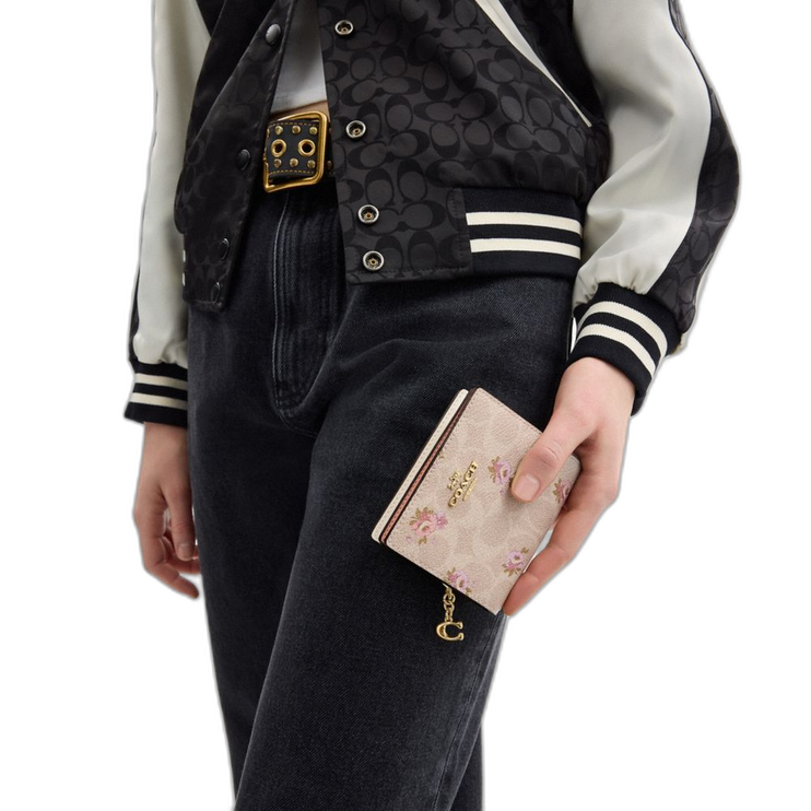 Coach Women's Snap Wallet In Signature Canvas With Floral Print Gold/Sand Multi