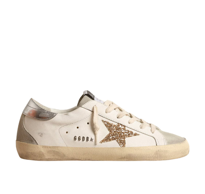Golden Goose Women's Super Star Sneakers with Gold Glitter Star and Ice Gray Suede