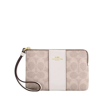 Coach Women's Corner Zip Wristlet In Signature Canvas With Stripe Gold/Sand/Chalk