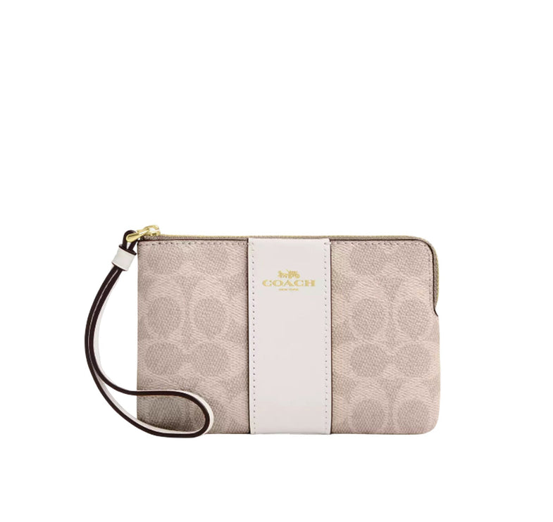 Coach Women's Corner Zip Wristlet In Signature Canvas With Stripe Gold/Sand/Chalk