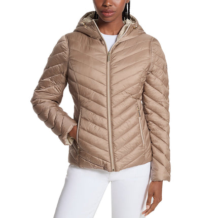Michael Kors Women's Chevron Logo Print Quilted Nylon Reversible Jacket Taupe/Bone Logo