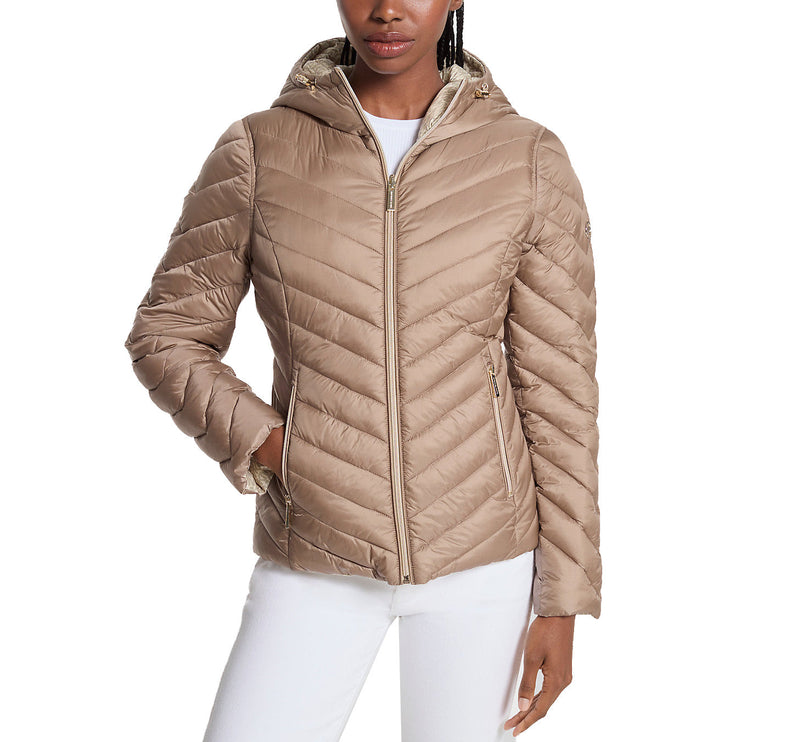 Michael Kors Women's Chevron Logo Print Quilted Nylon Reversible Jacket Taupe/Bone Logo