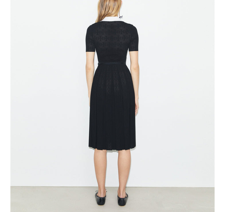 Tory Burch Women's T-Monogram Pointelle Pleated Dress Black