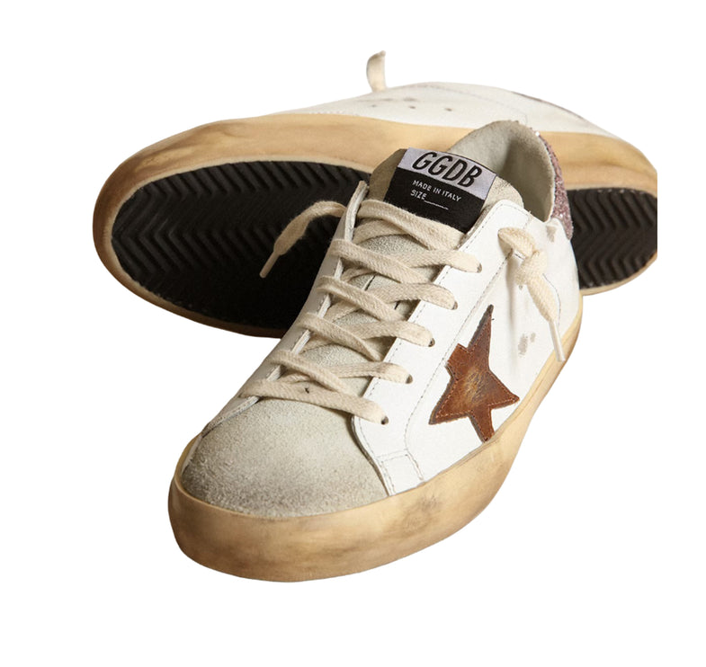 Golden Goose Women's Super Star with a Tan Star and Pink Glitter Heel Tab