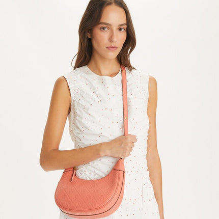 Tory Burch Women's T Monogram Leather Crescent Bag Coral Crush