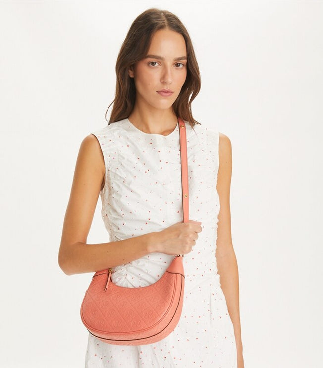 Tory Burch Women's T Monogram Leather Crescent Bag Coral Crush