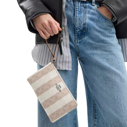 Coach Women's Large Corner Zip Wristlet In Signature Canvas Silver/Sand/Tan