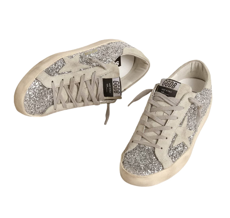 Golden Goose Women's Super Star in Silver Glitter with Ice Gray Suede Star