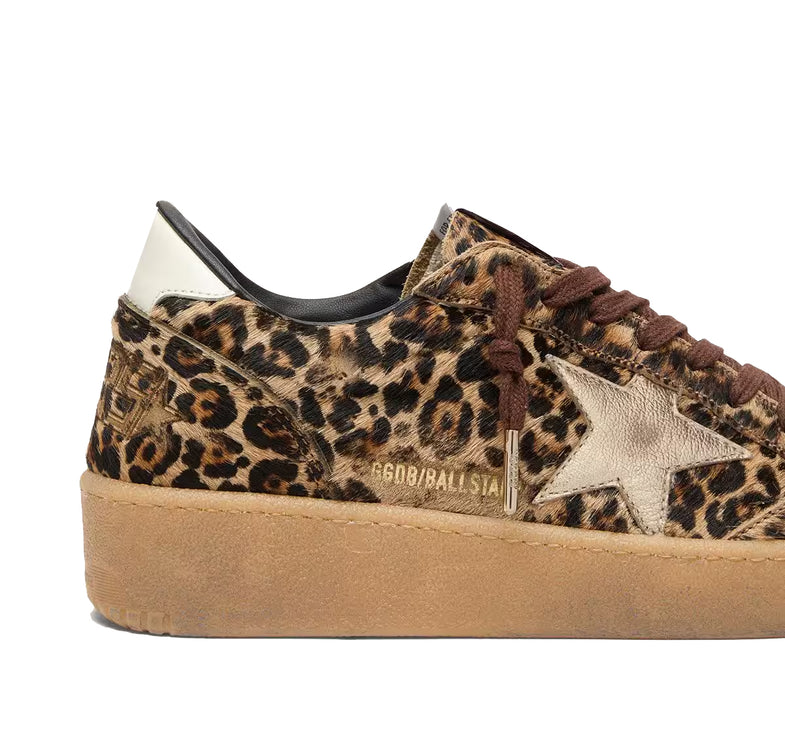 Golden Goose Women's Women's Ball Star in Leopard Print Pony Skin with Platinum Leather Star and White
