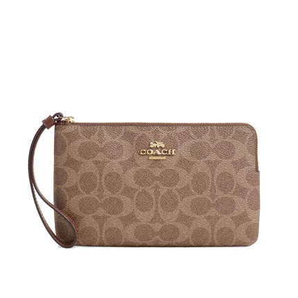 Coach Women's Large Corner Zip Wristlet In Signature Canvas Gold/Tan/Brown