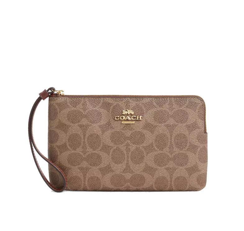 Coach Women's Large Corner Zip Wristlet In Signature Canvas Gold/Tan/Brown