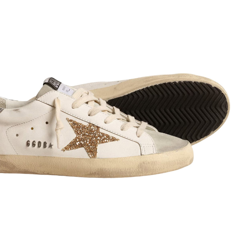 Golden Goose Women's Super Star Sneakers with Gold Glitter Star and Ice Gray Suede
