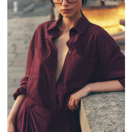 alo Women's Dreamscape Button Down Long Sleeve Burgundy - Hemen Kargoda