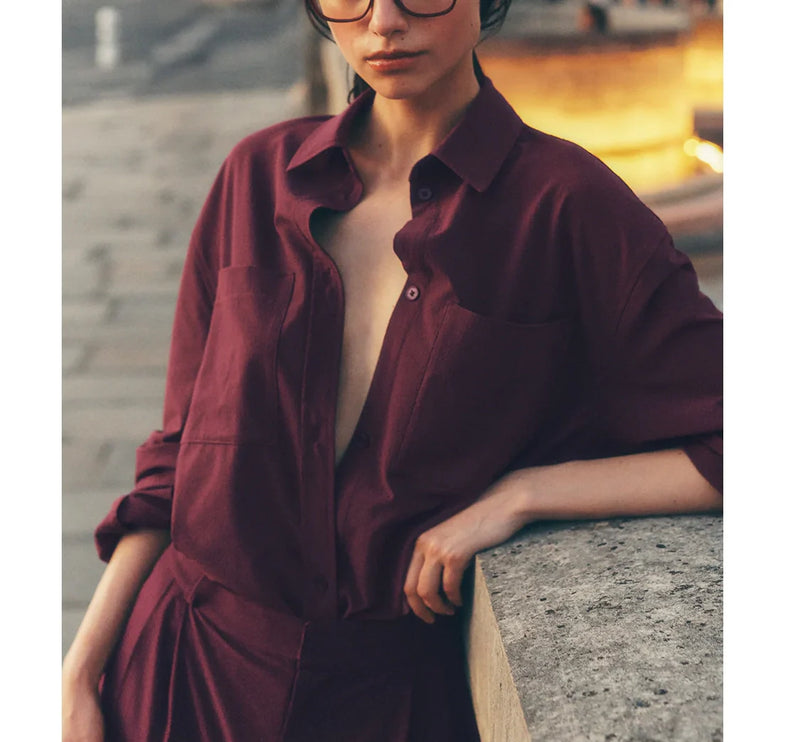 alo Women's Dreamscape Button Down Long Sleeve Burgundy - Hemen Kargoda