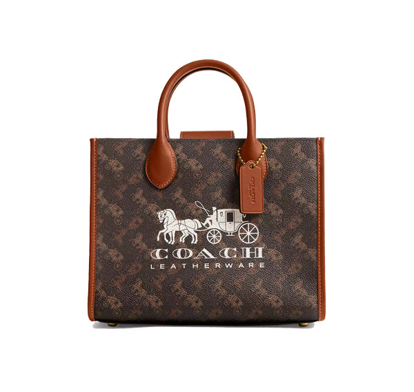 Coach Women's Ace Tote Bag 26 With Horse And Carriage Print Brass/Truffle Burnished Amber