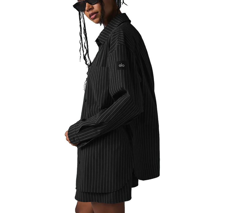 alo Women's Pinstripe Daylight Button Down Long Sleeve Black/Titanium