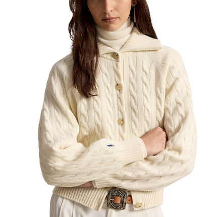 Polo Ralph Lauren Women's Cable Wool-Cashmere Collared Cardigan Authentic Cream
