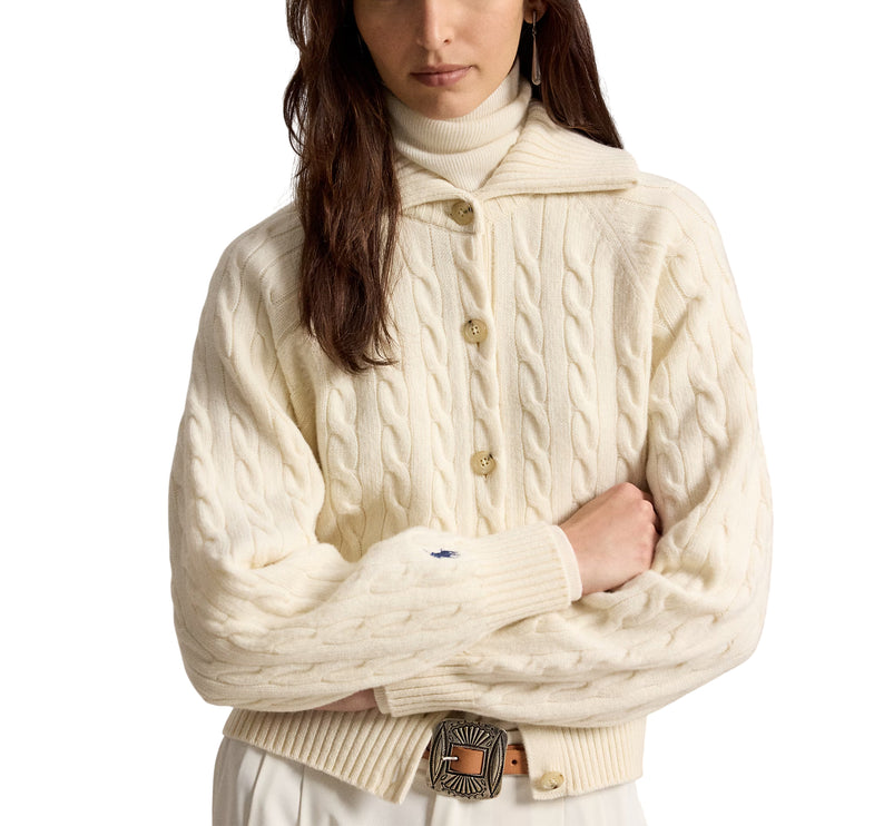 Polo Ralph Lauren Women's Cable Wool-Cashmere Collared Cardigan Authentic Cream