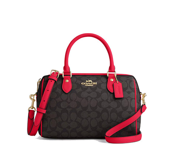 Coach Women's Rowan Satchel Bag In Signature Canvas Gold/Walnut/Bold Red