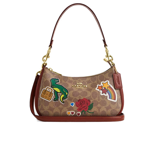 Coach Women's Teri Shoulder Bag In Signature Canvas With Sticker Print Gold/Tan Multi