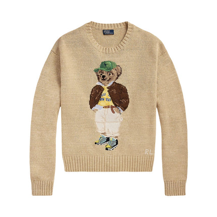 Polo Ralph Lauren Women's Polo Bear Cotton Crewneck Sweater Tan Multi