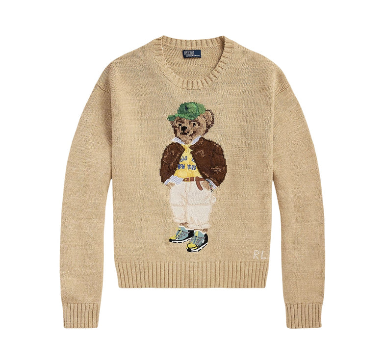 Polo Ralph Lauren Women's Polo Bear Cotton Crewneck Sweater Tan Multi