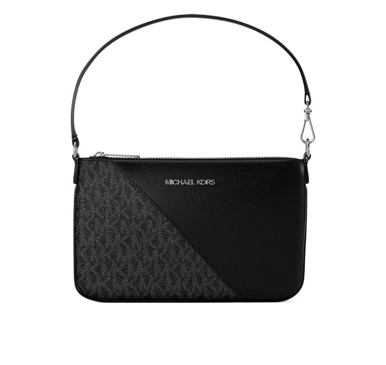 Michael Kors Women's Jet Set Travel Small Signature Logo and Smooth Wristlet Silver/Black