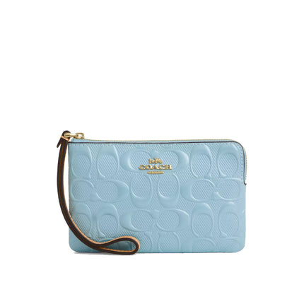 Coach Women's Corner Zip Wristlet In Signature Leather Gold/Light Blue