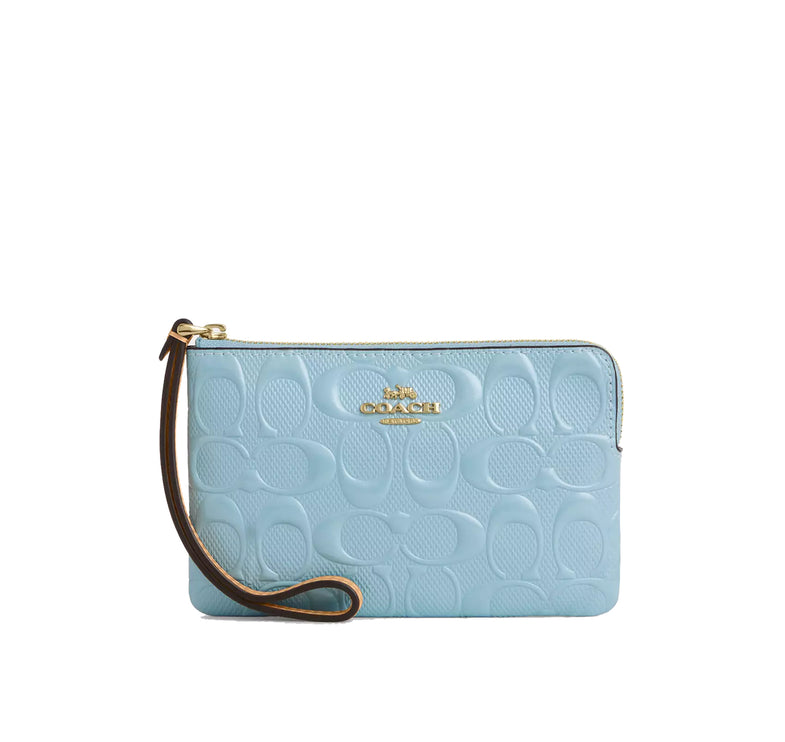 Coach Women's Corner Zip Wristlet In Signature Leather Gold/Light Blue