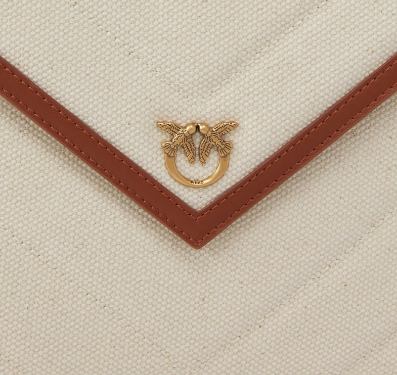 Pinko Women's Canvas Handbag With Printed Leather Trim Brown