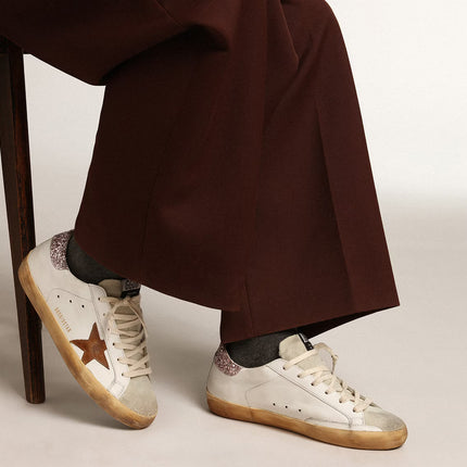 Golden Goose Women's Super Star with a Tan Star and Pink Glitter Heel Tab