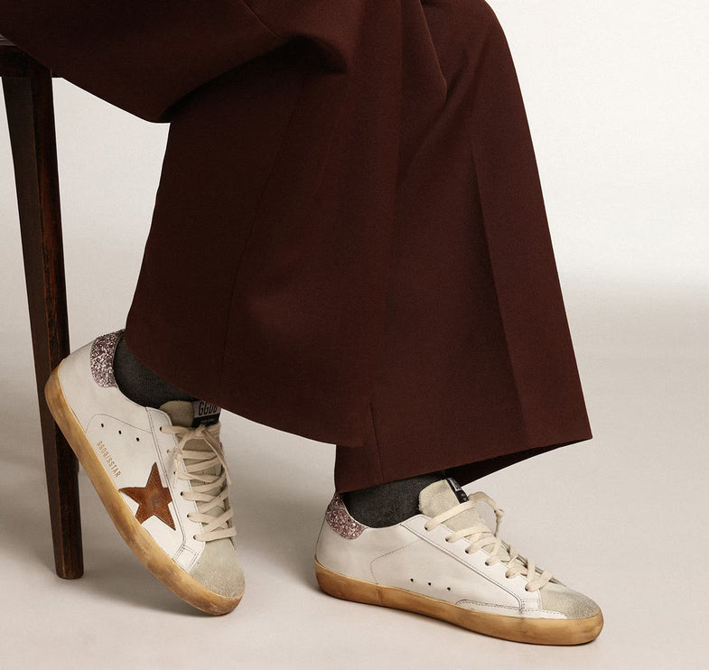 Golden Goose Women's Super Star with a Tan Star and Pink Glitter Heel Tab