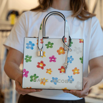 Marc Jacobs Women's Mini Grind Branded Floral Print Leather Tote Bag Marshmallow