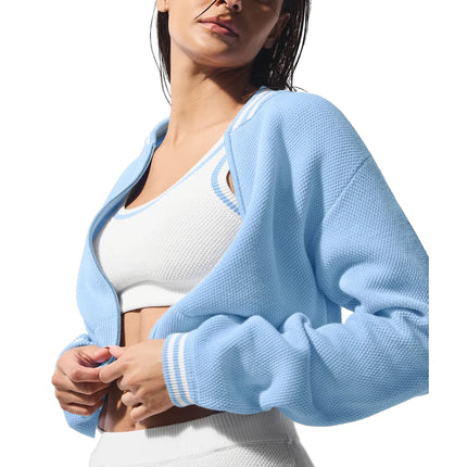 alo Women's Tennis Club Sweater Knit Full Zip Jacket Seashell Blue/White