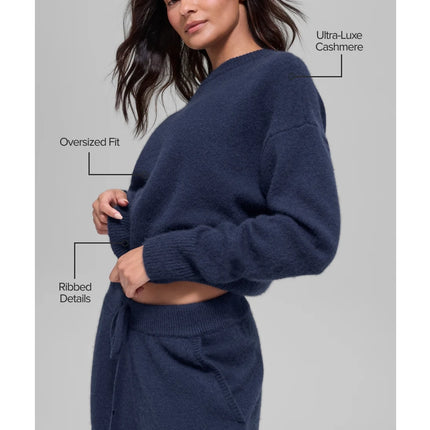alo Women's Wool Cashmere Cropped New Class Crewneck Sweater Navy