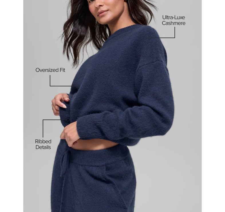 alo Women's Wool Cashmere Cropped New Class Crewneck Sweater Navy