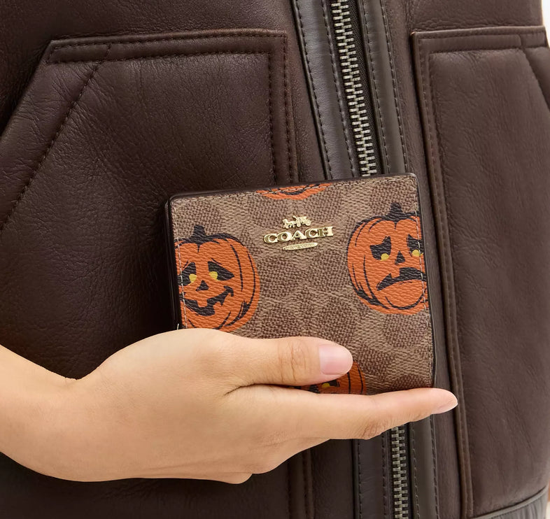 Coach Women's Snap Wallet In Signature Canvas With Halloween Print Gold/Tan Multi