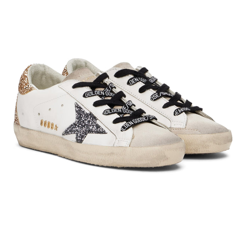 Golden Goose Women's Super Star Sneakers with Gold Glittery and Silver Star