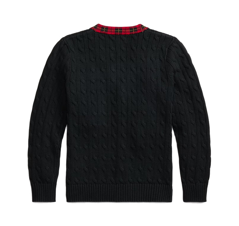 Polo Ralph Lauren Boy's Plaid-Trim Cable Cotton Cardigan Polo Black Multi