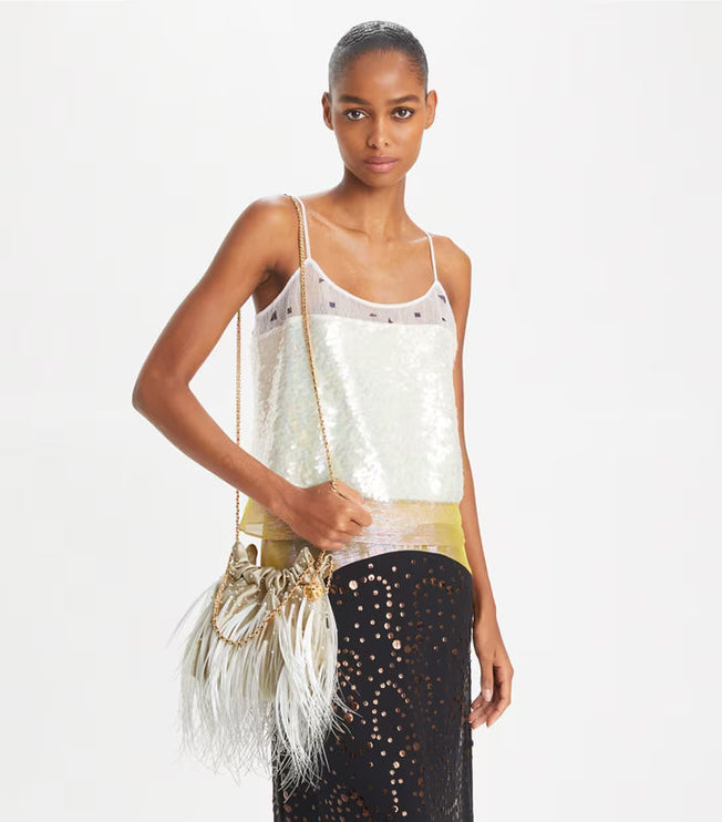 Tory Burch Women's Mini Fleming Feather Hobo Bag Stone