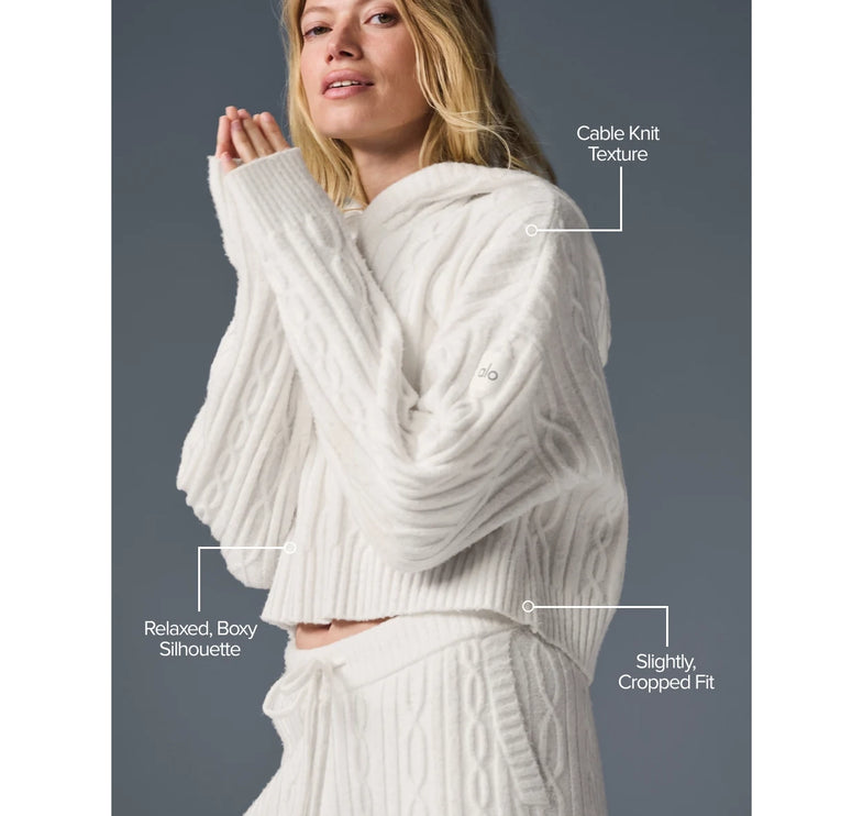 alo Women's Cable Knit Winter Bliss Hoodie Ivory