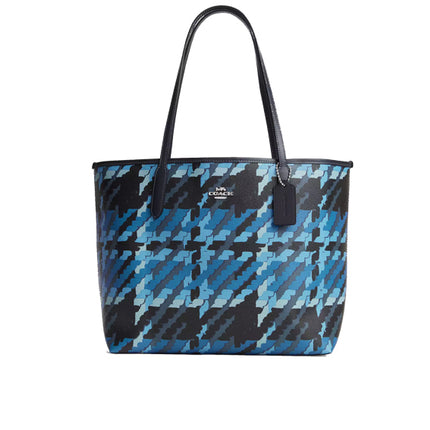 Coach Women's City Tote Bag With Graphic Plaid Print Silver/Blue Multi