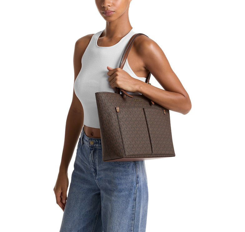 Michael Kors Women's Jet Set Medium Logo Pocket Tote Bag Brown