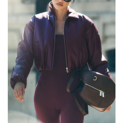 alo Women's Faux Leather Cropped Premier Bomber Burgundy