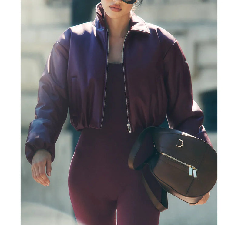 alo Women's Faux Leather Cropped Premier Bomber Burgundy