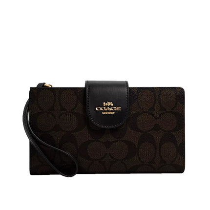 Coach Women's Phone Wallet In Colorblock Signature Canvas Gold/Brown Black