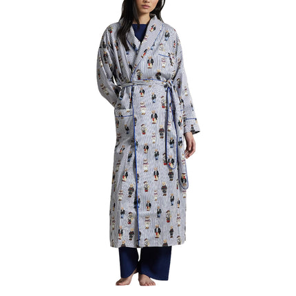 Polo Ralph Lauren Women's Striped Polo Bear Cotton Sateen Robe Snowfall Blue