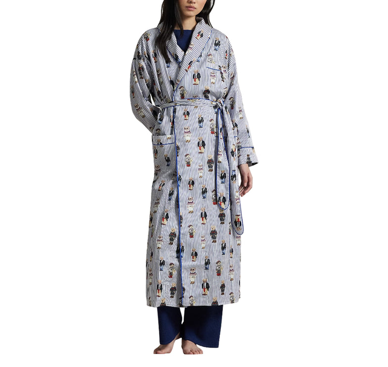 Polo Ralph Lauren Women's Striped Polo Bear Cotton Sateen Robe Snowfall Blue